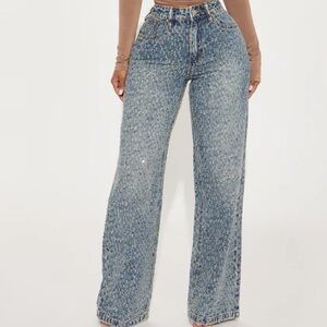 Rhinestone Embellished Wide Leg Jeans - Medium Wash